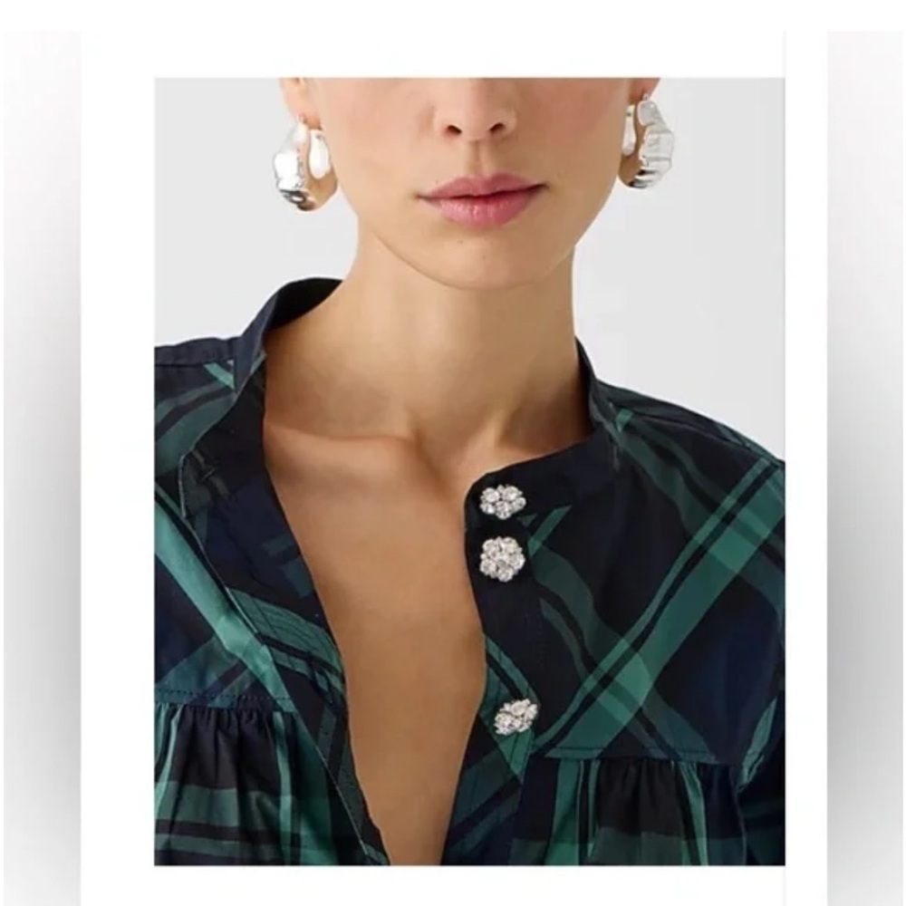 NWT J. Crew Women’s Fresco Top with Jewel Buttons Black Watch Tartan Holiday - Picture 4 of 10